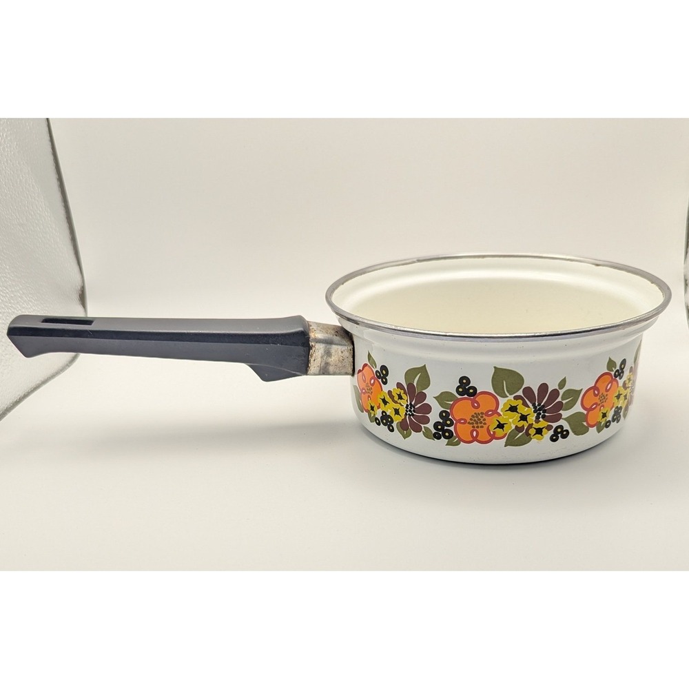 Vtg 1970s Austria Email Enamel‎ Saucepan Floral Print White Orange Brown Retro